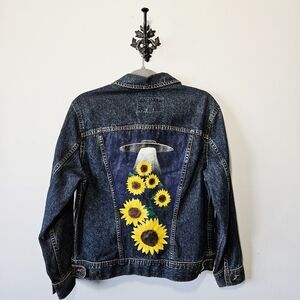 Denim Sunflower-Back Patch Jacket - Blue